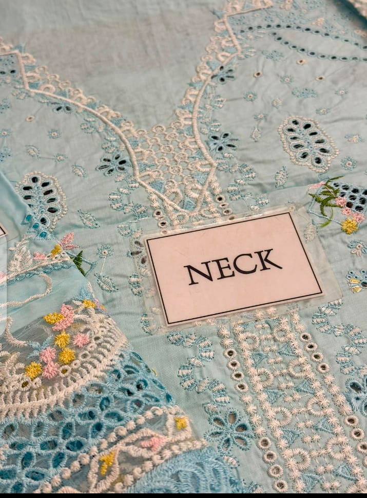 Qalamkar Replica Luxury Embroidered Cotton 3-Piece Suit with Organza Dupatta - Image 5