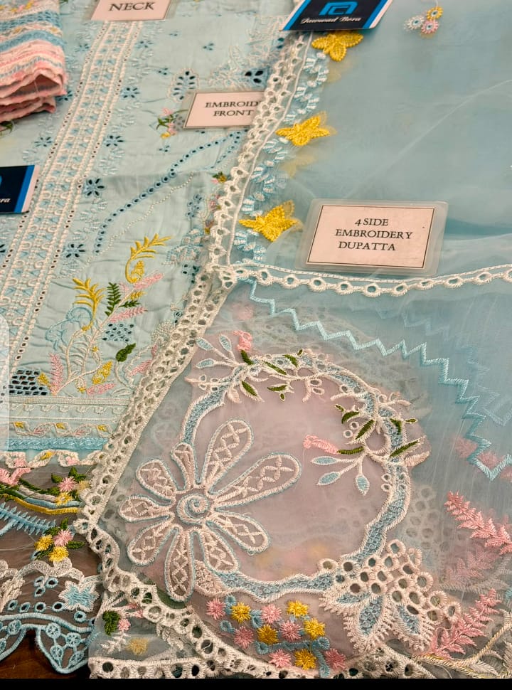 Qalamkar Replica Luxury Embroidered Cotton 3-Piece Suit with Organza Dupatta - Image 4