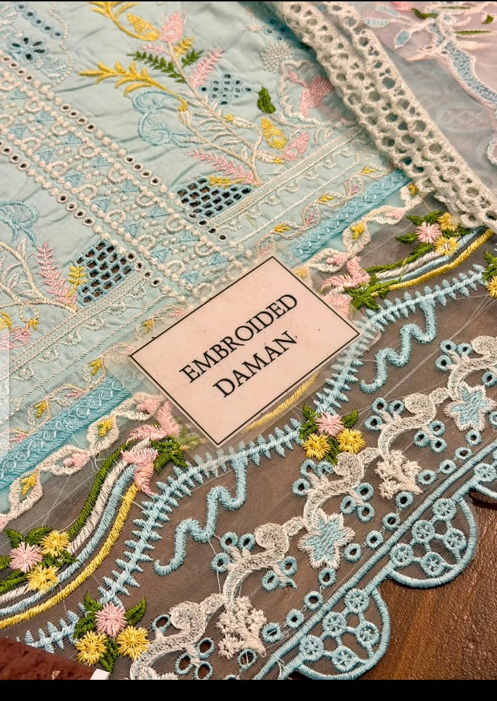 Qalamkar Replica Luxury Embroidered Cotton 3-Piece Suit with Organza Dupatta - Image 2