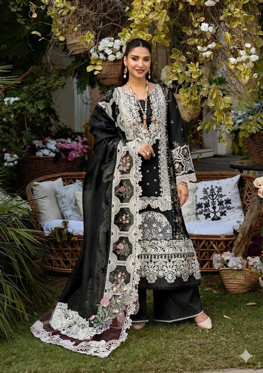 ELAF Replica Chickenkari Lawn 3-Piece Suit with Khaddi Net Embroidered Dupatta