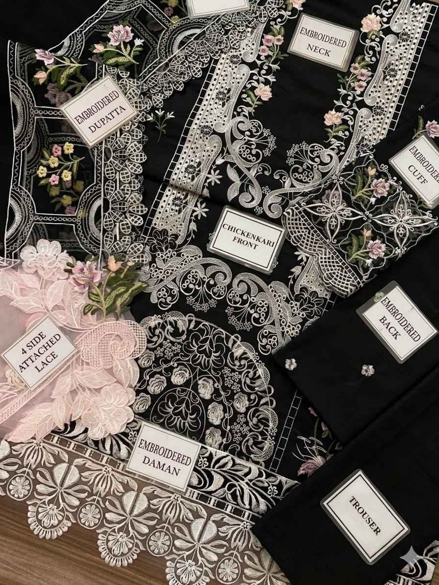 ELAF Replica Chickenkari Lawn 3-Piece Suit with Khaddi Net Embroidered Dupatta - Image 6