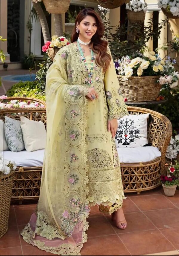 ELAF Replica (LIME) Premium Chicken Kari Cotton 3-Piece Suit with Heavy Embroidered Organza Dupatta