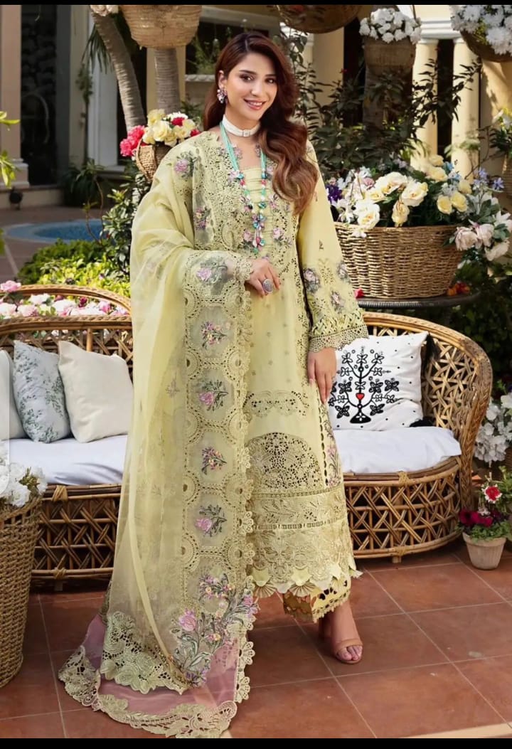 ELAF Replica (LIME) Premium Chicken Kari Cotton 3-Piece Suit with Heavy Embroidered Organza Dupatta