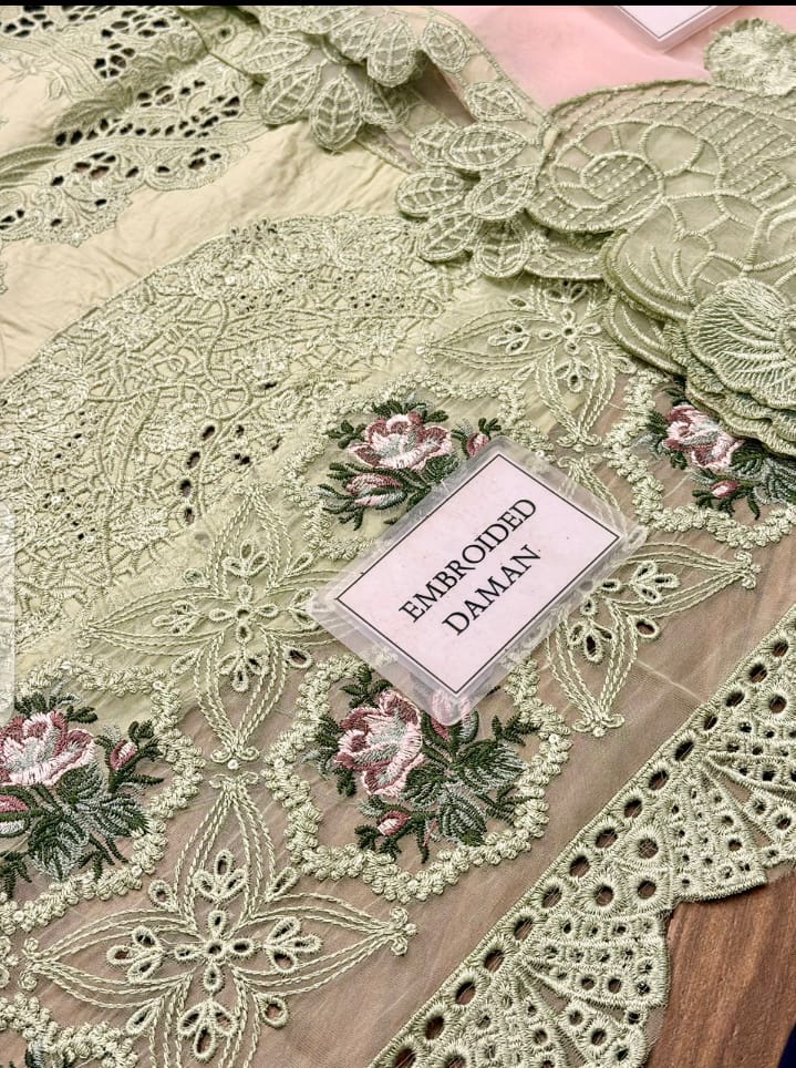 ELAF Replica (LIME) Premium Chicken Kari Cotton 3-Piece Suit with Heavy Embroidered Organza Dupatta - Image 6