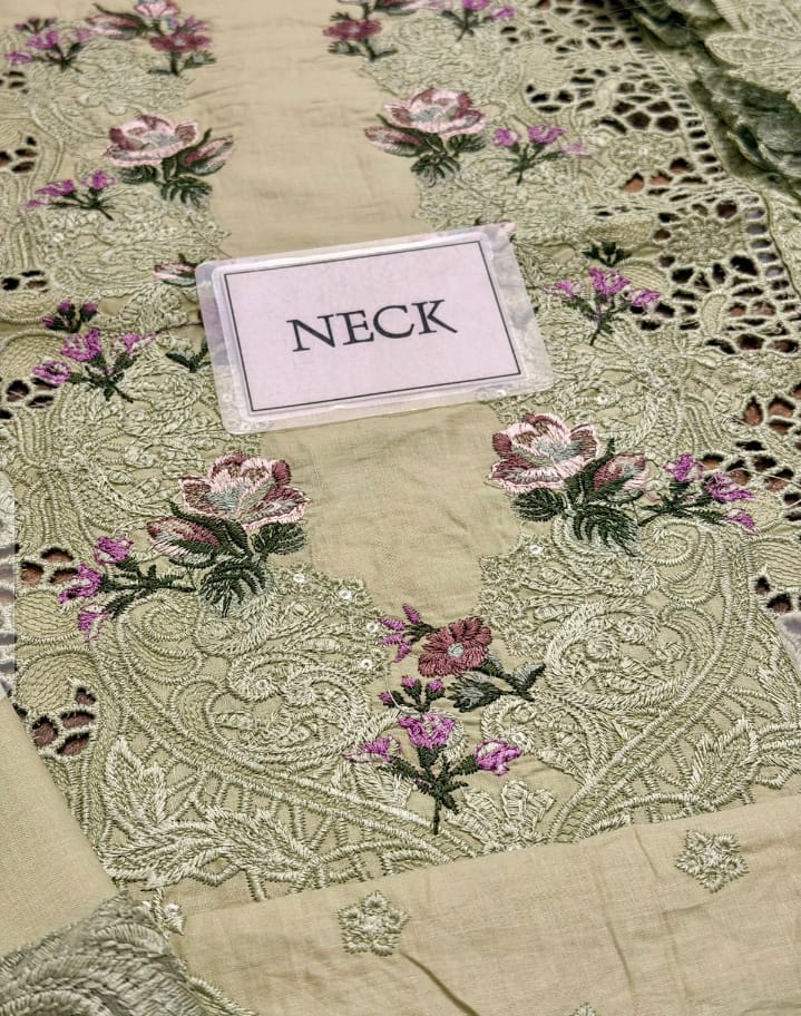 ELAF Replica (LIME) Premium Chicken Kari Cotton 3-Piece Suit with Heavy Embroidered Organza Dupatta - Image 5