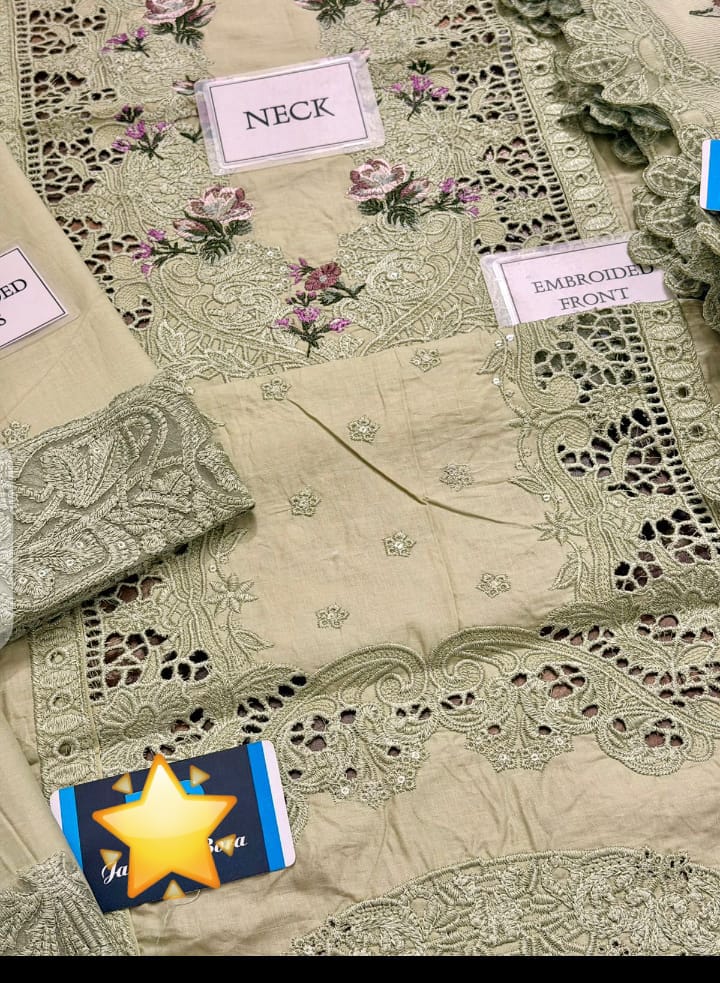 ELAF Replica (LIME) Premium Chicken Kari Cotton 3-Piece Suit with Heavy Embroidered Organza Dupatta - Image 4