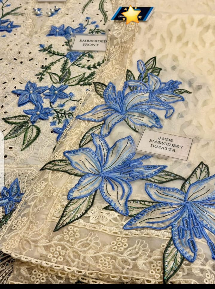 Rung Rasia Replica Luxury Chickenkari Lawn 3-Piece Suit with Embroidered Organza Dupatta - Image 3