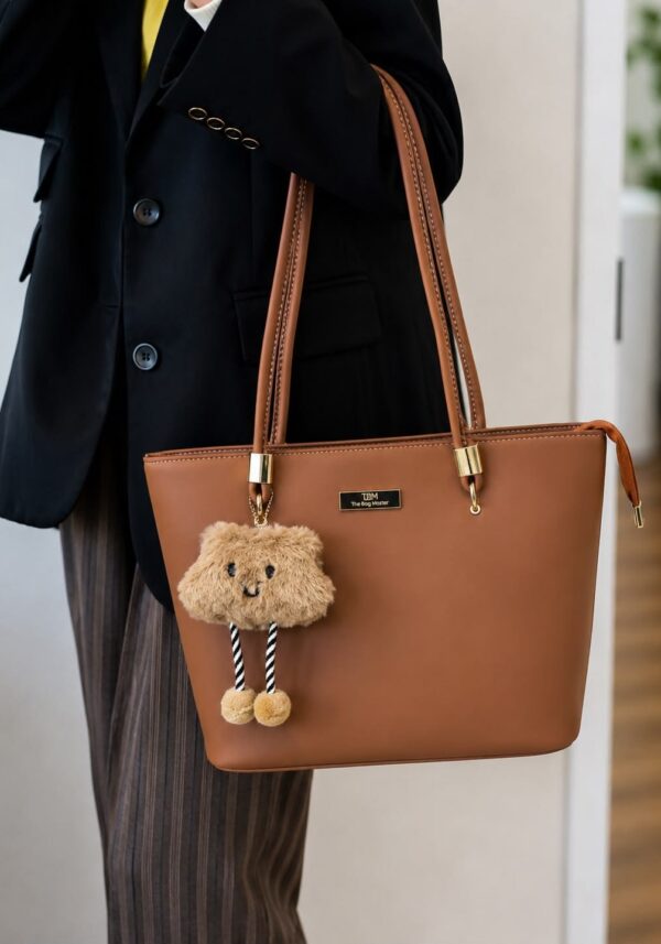 TBM Premium Tote Bag with Fur Keychain – Stylish Laptop Shoulder Bag for Women