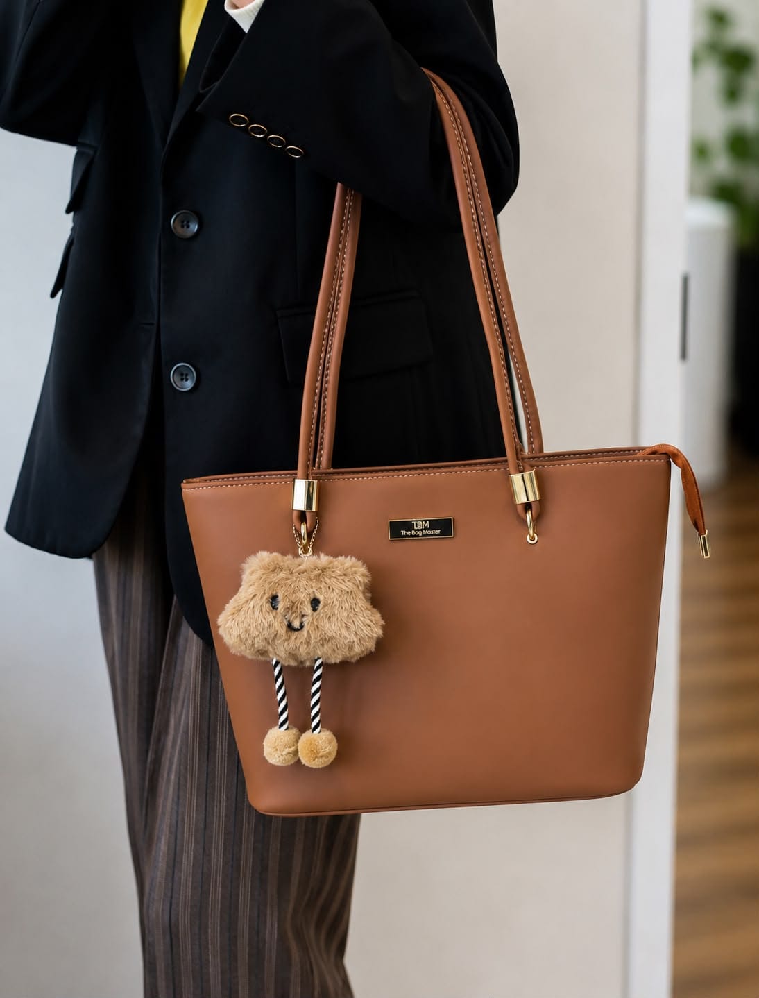 TBM Premium Tote Bag with Fur Keychain – Stylish Laptop Shoulder Bag for Women