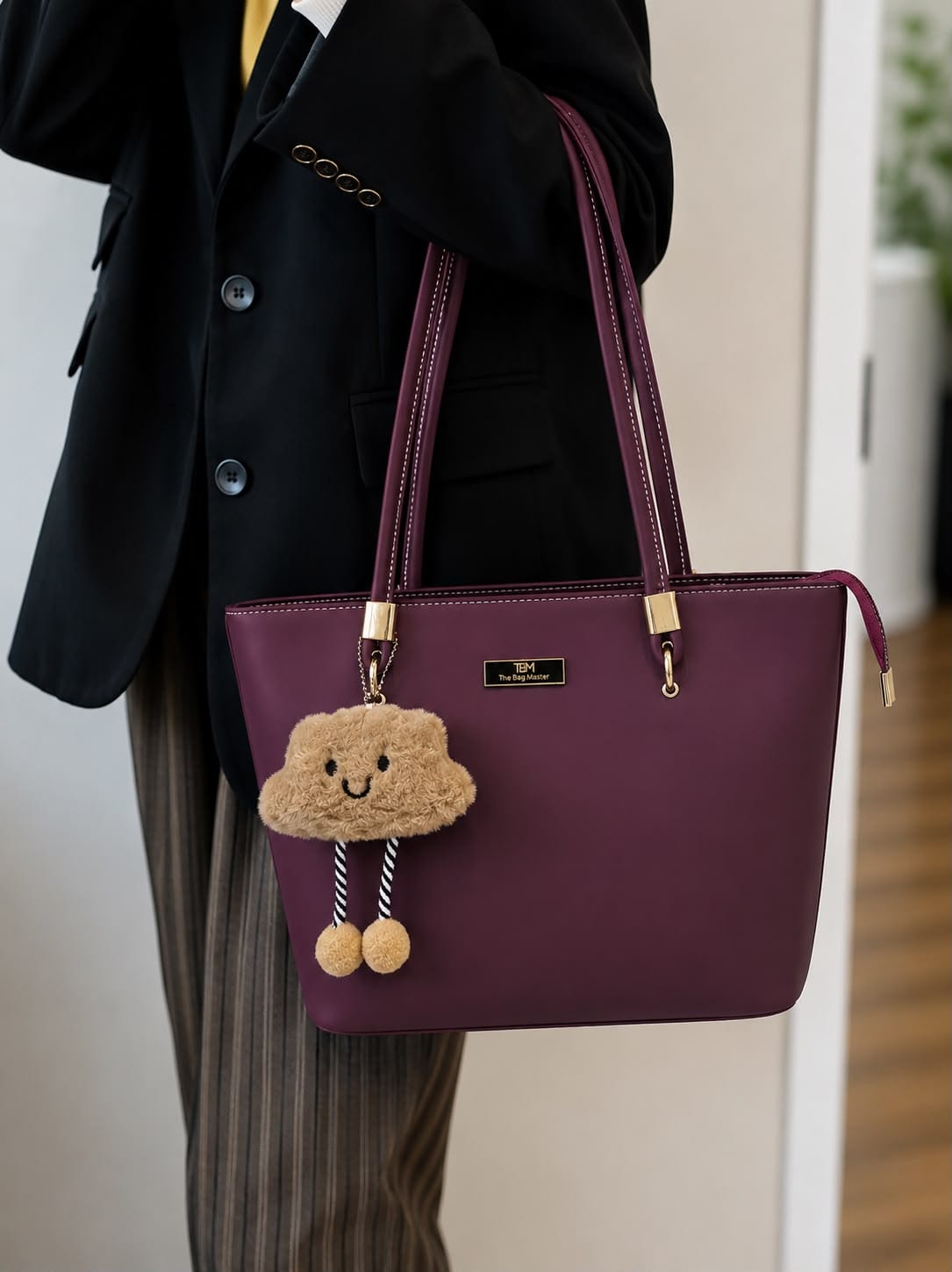 TBM Premium Tote Bag with Fur Keychain – Stylish Laptop Shoulder Bag for Women - Image 4