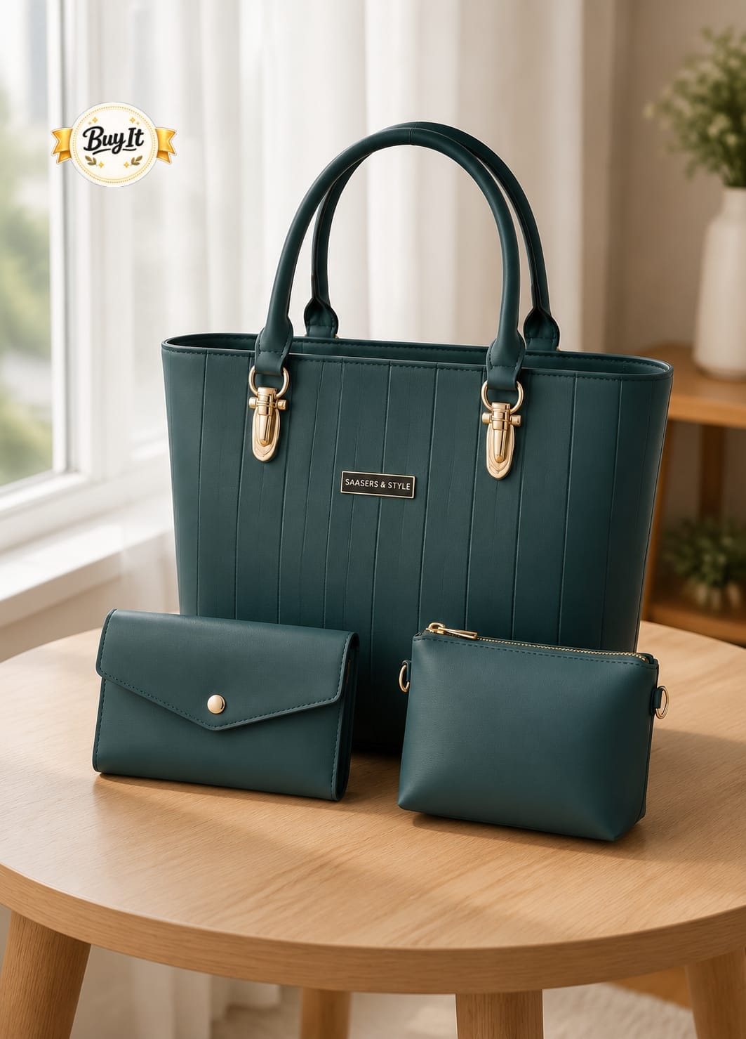 3-Piece Shoulder Bag Set for Girls – Large PU Handbag with Mini Wallet & Pouch - Image 9
