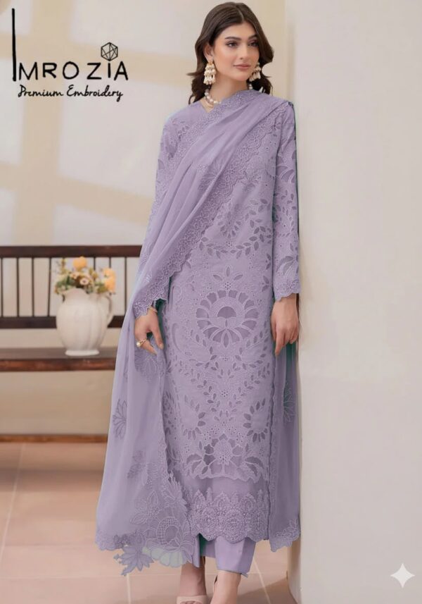 Imrozia Replica Luxury Lawn Cotton 3-Piece Suit with Chiffon Dupatta – Laser Cut Work