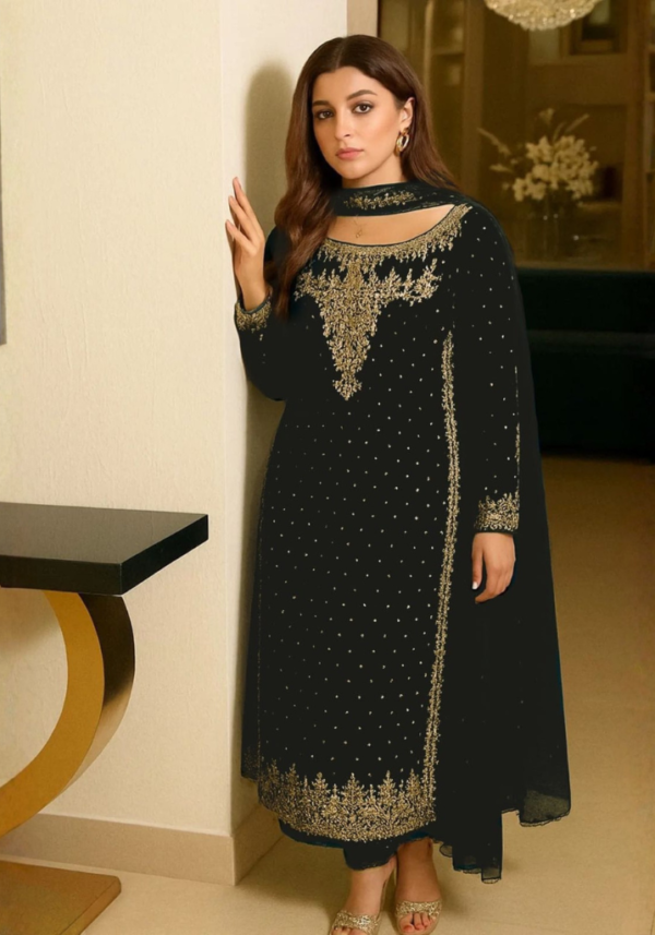 Aneela’s Dark Mehroon Embroidered Black Chiffon Suit