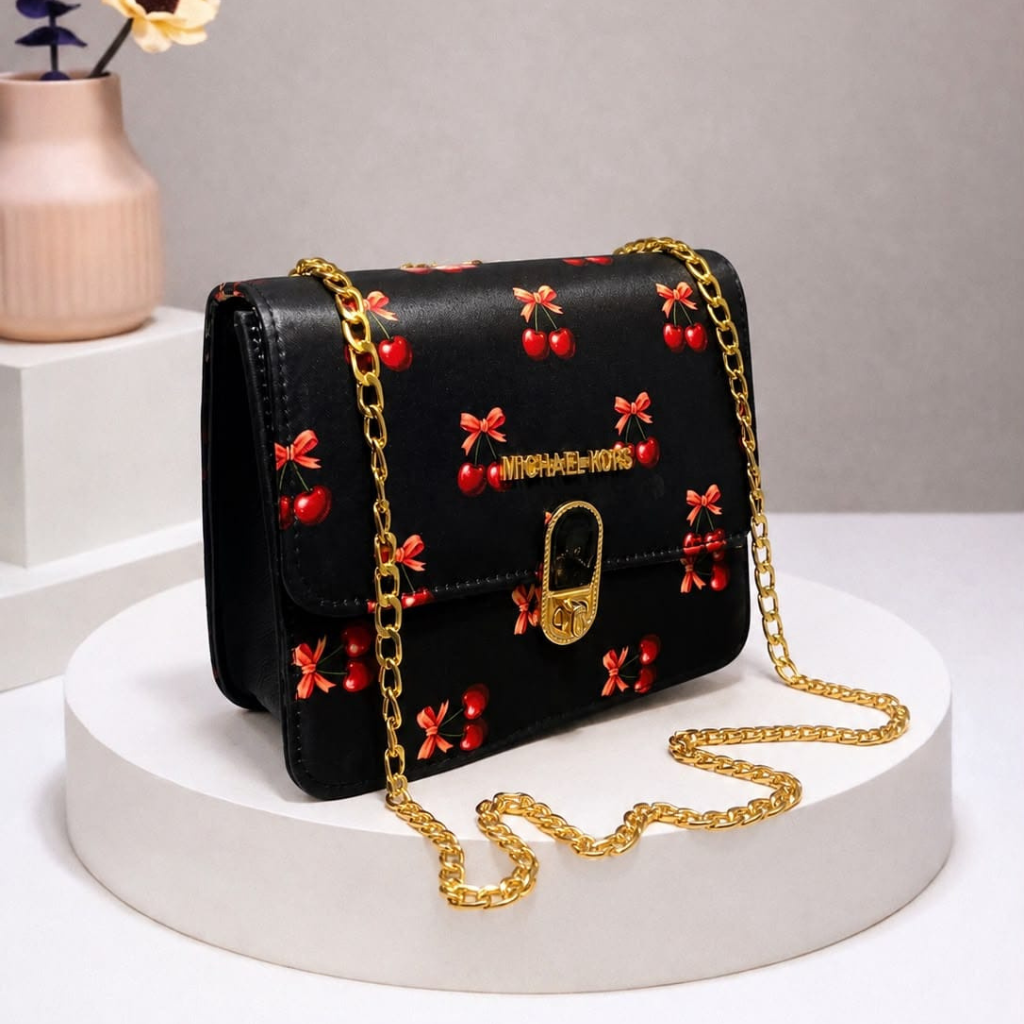 Premium Cherry Print Handbag with Golden Chain