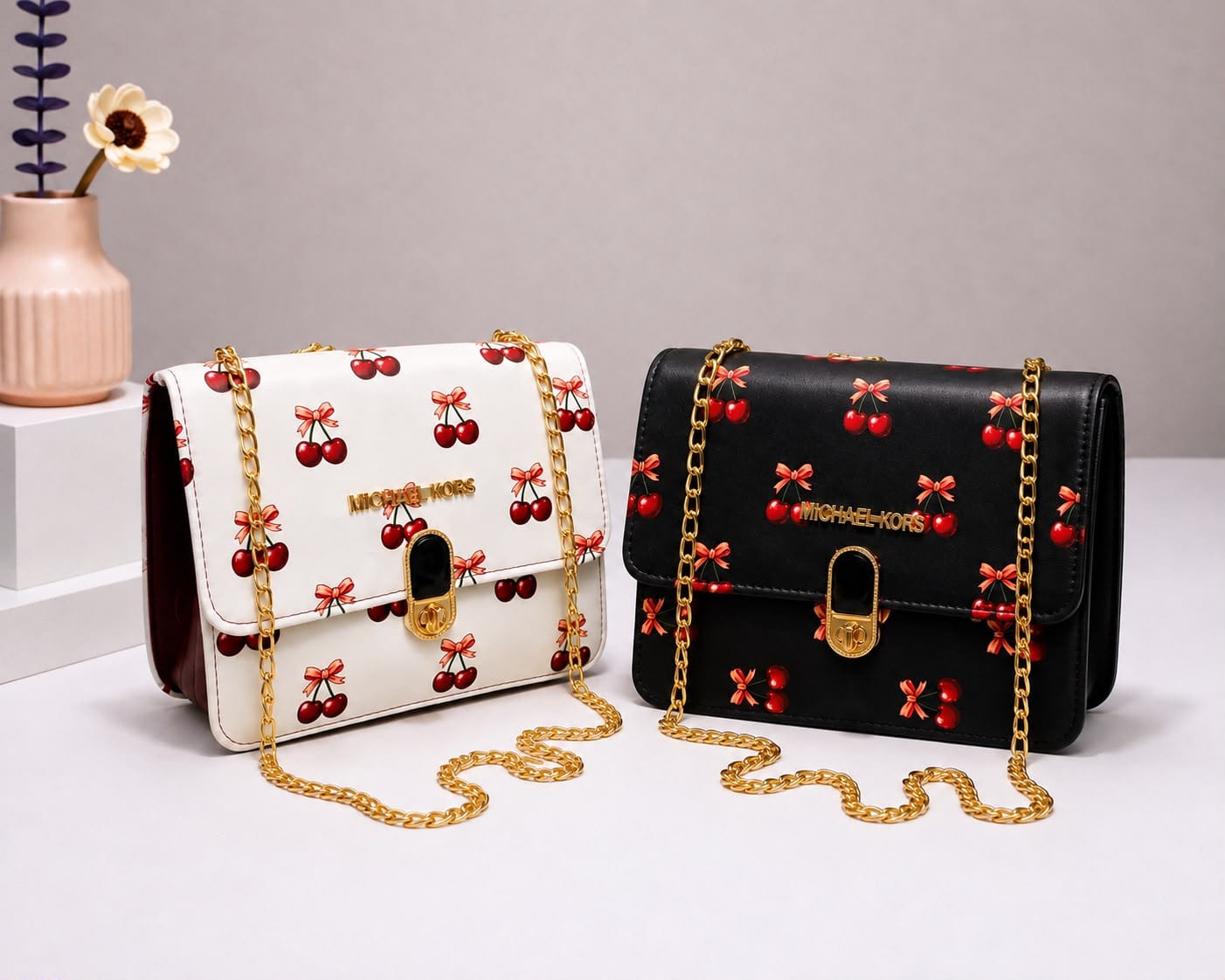 Premium Cherry Print Handbag with Golden Chain - Image 3