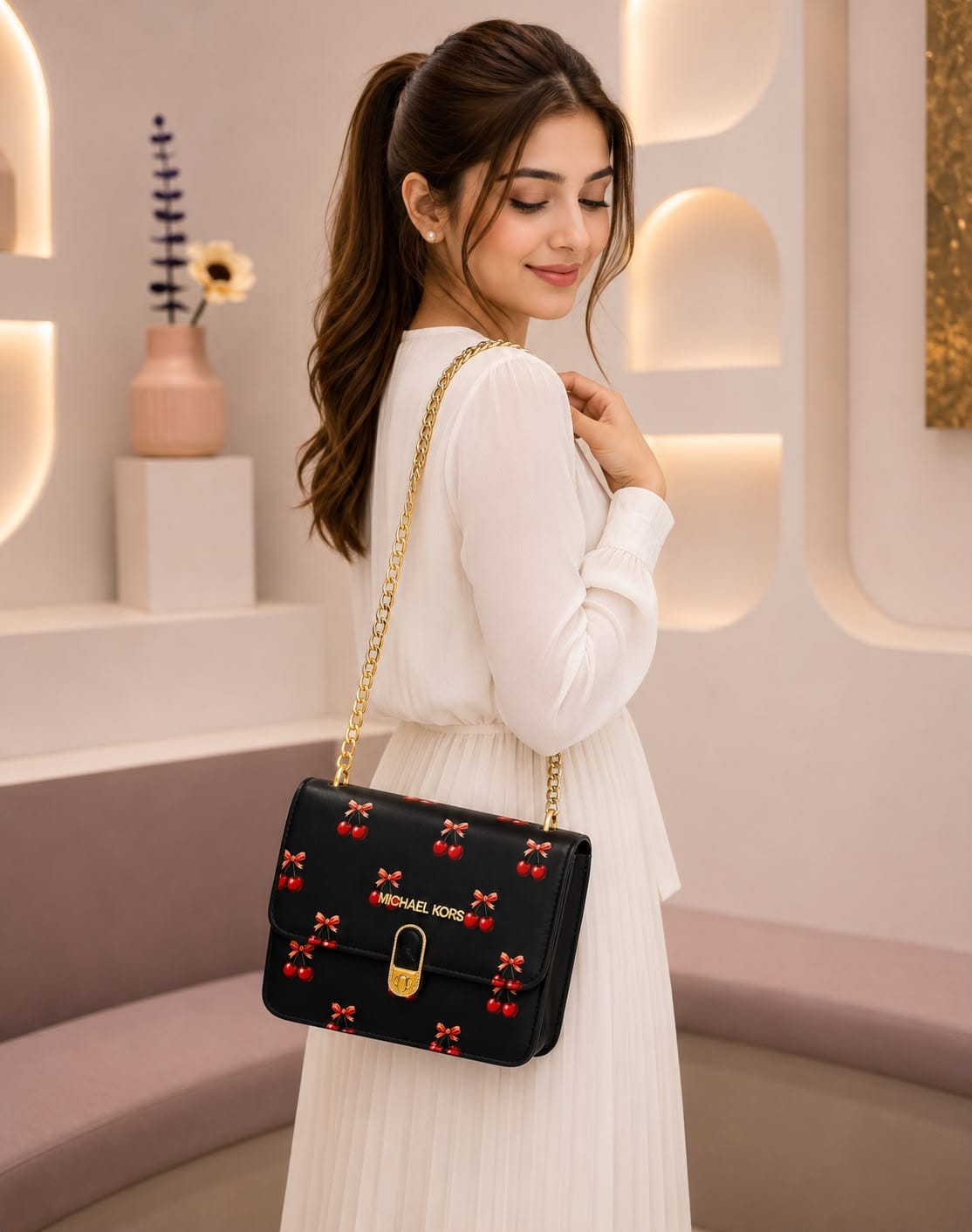 Premium Cherry Print Handbag with Golden Chain - Image 4